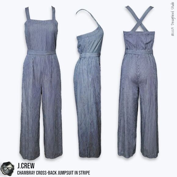 J.CREW CHAMBRAY CROSS-BACK OVERALL JUMPSUIT IN INDIGO RAILROAD STRIPE WIDE LEG - Picture 11 of 12